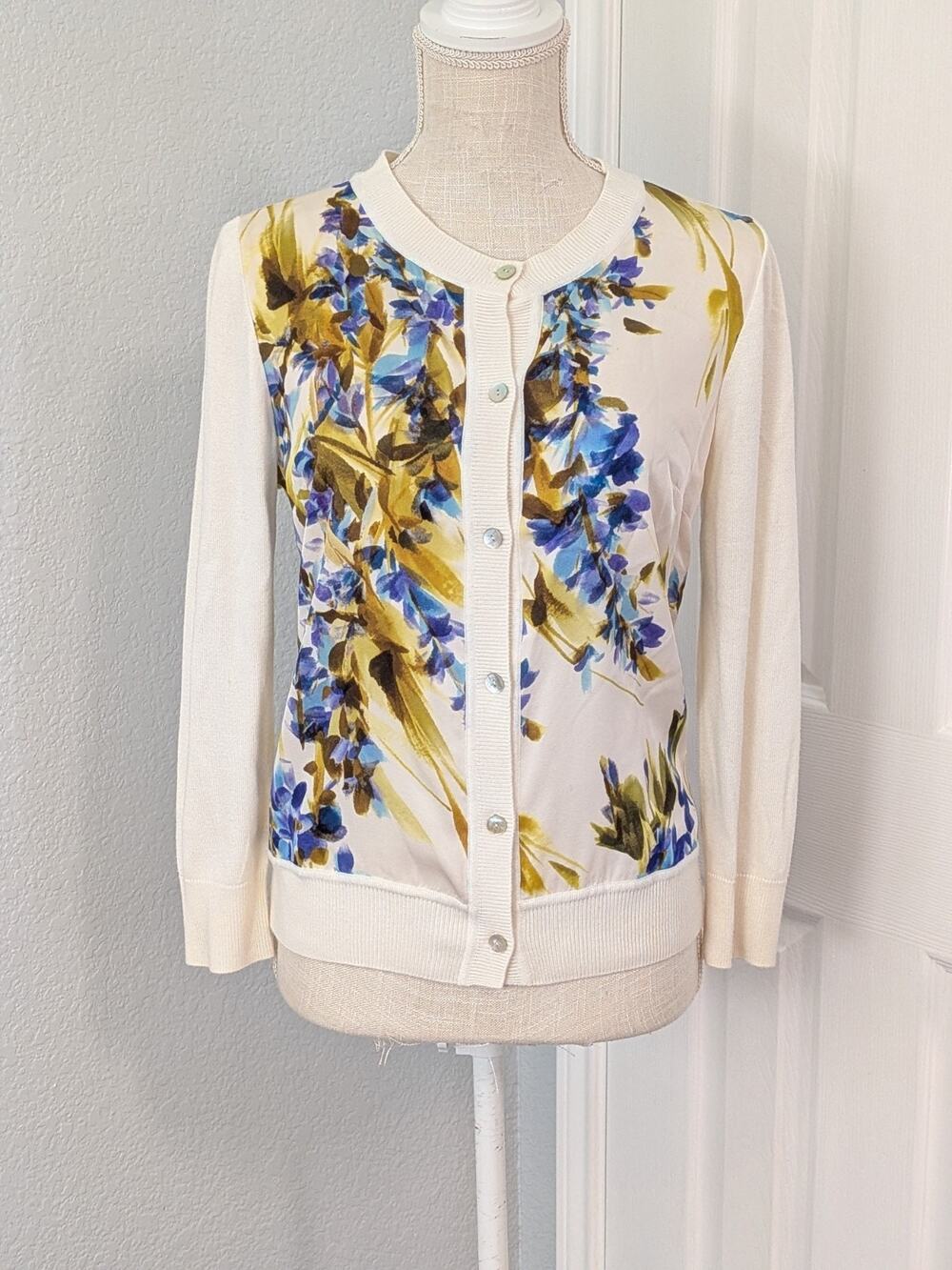 St John watercolor printed Floral silk panel wool cashmere blend cardigan Small